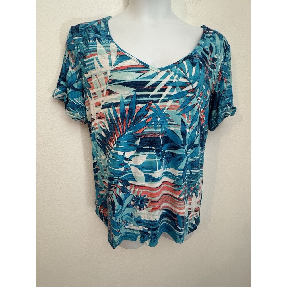 Tori Richard Honolulu Top Knit Sz L Tropical Leaf Turquoise Blue Resort V Neck
